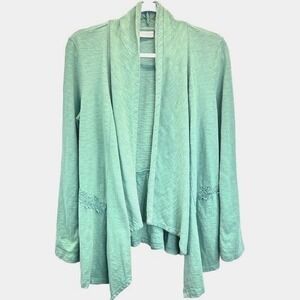 LOGO Lori Goldstein Open Front Cardigan Lace Trim Peplum Hem Green Womens Size S